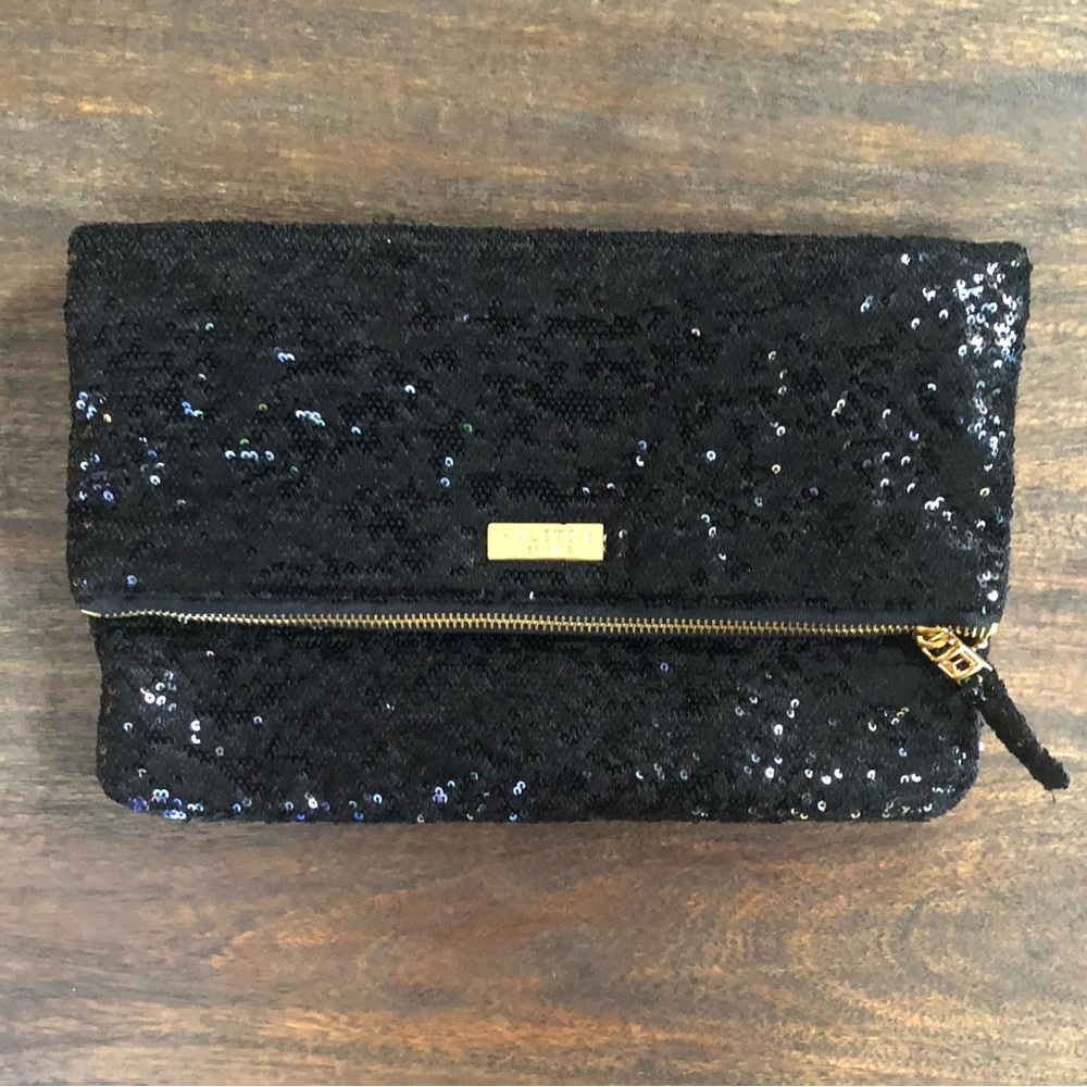 Halston Heritage Black Jenny Fold Sequin Clutch